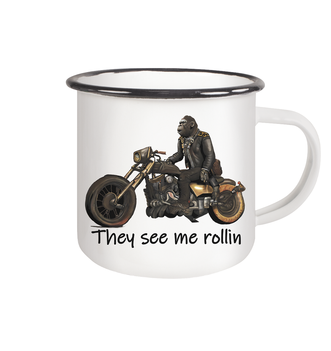 Emaille Tasse Gorilla Biker Tim - they see me rollin